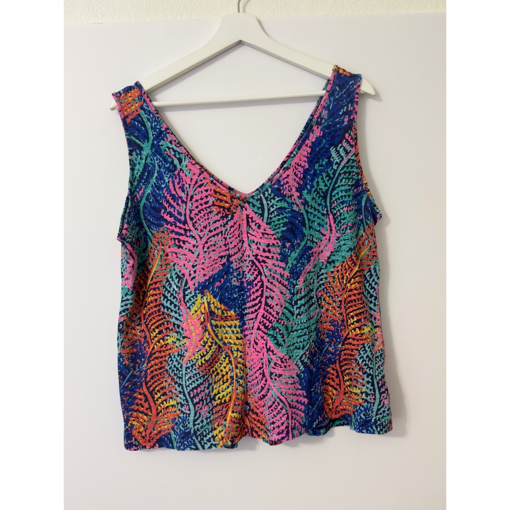 Lilly Pulitzer Tank Top Womens XL Pink Blue Tropical Leaf V-Neck Cotton Beach